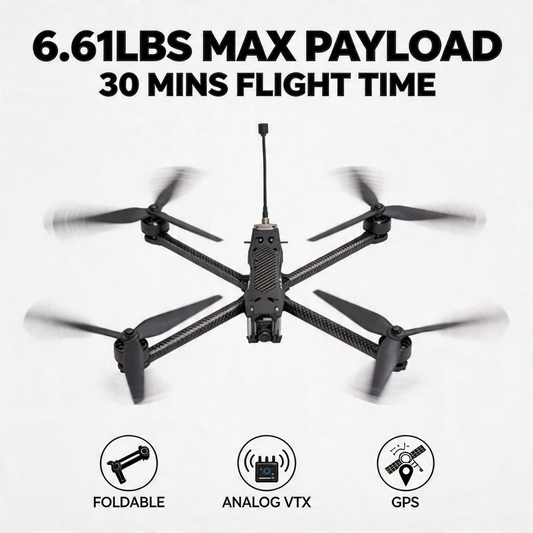 SKYWISE X10 FPV Drone - 6.61lbs Payload, 30 Mins Flight Foldable Carbon Fiber FPV Racing Drone with Analog VTX, GPS, One-Click Return for Hobbyists and Industrial Use