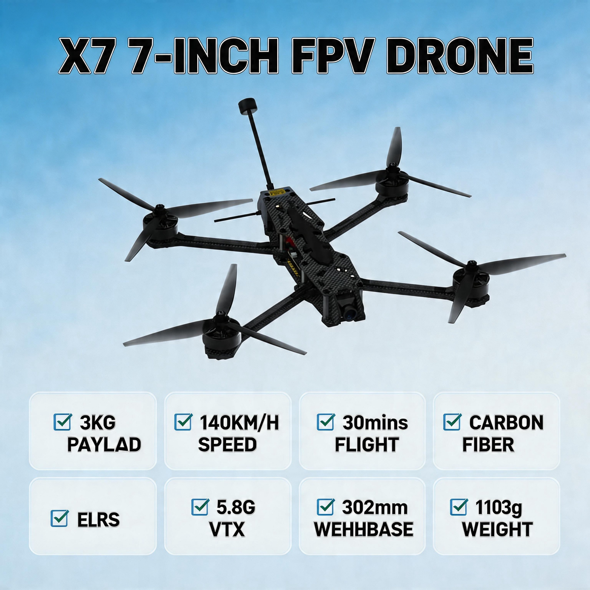 X7 7 Inch FPV Drone with 3KG Payload, Carbon Fiber Frame, 140KM/H High Speed, 30Mins Long Flight, 5.8G Analog Video Transmission, ELRS Receiver, Racing & Aerial Photography Drone for Adults