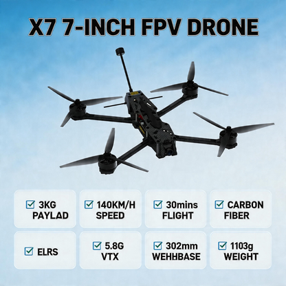 X7 7 Inch FPV Drone with 3KG Payload, Carbon Fiber Frame, 140KM/H High Speed, 30Mins Long Flight, 5.8G Analog Video Transmission, ELRS Receiver, Racing & Aerial Photography Drone for Adults