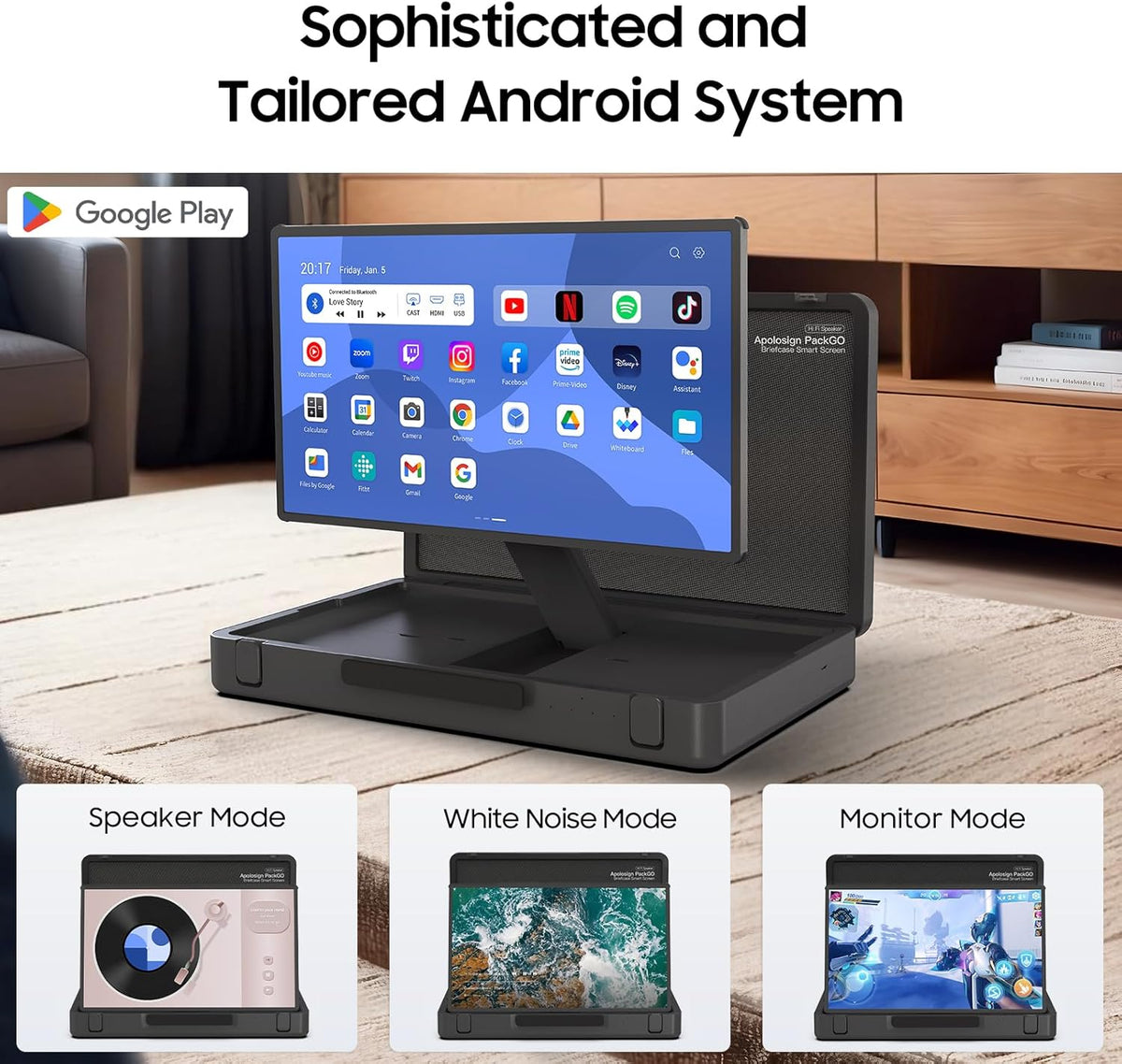 27-Inch Portable Entertainment System, Compact Suitcase Design Smart TV, Android OS, Bluetooth 3D Speakers, Built-in Battery 6H, Briefcase Screen Perfect for Travel & Parties (Gray)