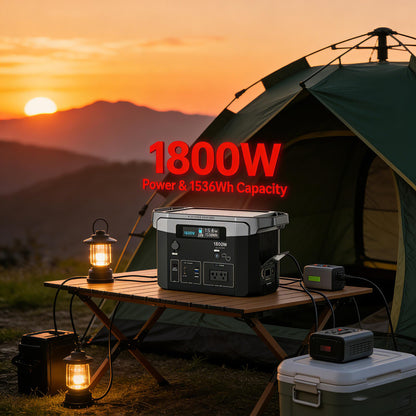 1800W Portable Power Station 1536Wh Solar Generator with 100-120V AC Outlet, Backup Battery for Camping, Home Emergency, Outdoor Party, RV Travel, Charging Laptop Phone