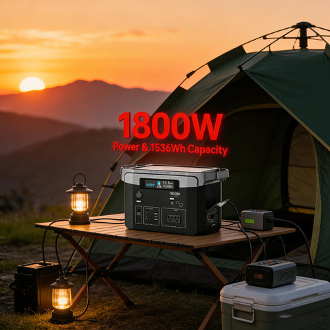 1800W Portable Power Station 1536Wh Solar Generator with 100-120V AC Outlet, Backup Battery for Camping, Home Emergency, Outdoor Party, RV Travel, Charging Laptop Phone