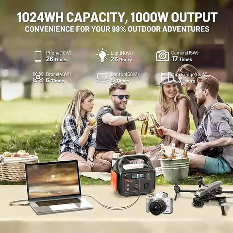 1000W Portable Power Station | 1024Wh Solar Generator | Camping, RV, Emergency Backup Battery | Outdoor Power Bank with AC Outlets & USB Ports（Solar Panel Optional）