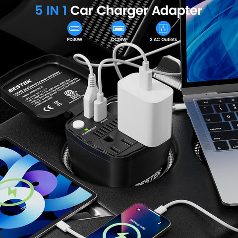 BESTEK 200W Power Inverter, 12V DC to 110V AC Car Plug Adapter Outlet Converter with [30W USB-C]/USB-Fast Charger(18W) / Dual AC Outlets/car Charger for Laptop