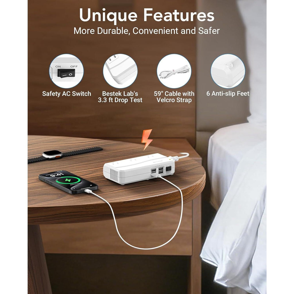 BESTEK Universal Travel Adapter 220V to 110V Voltage Converter with 0-2.4A 4 Port USB Charging and UK/AU/US/EU Worldwide Plug Adapter (White)