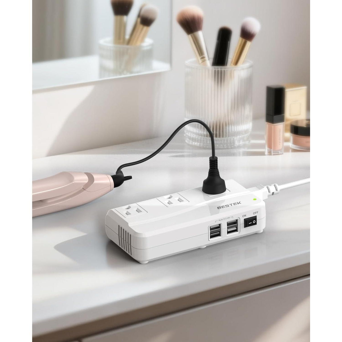 BESTEK Universal Travel Adapter 220V to 110V Voltage Converter with 0-2.4A 4 Port USB Charging and UK/AU/US/EU Worldwide Plug Adapter (White)