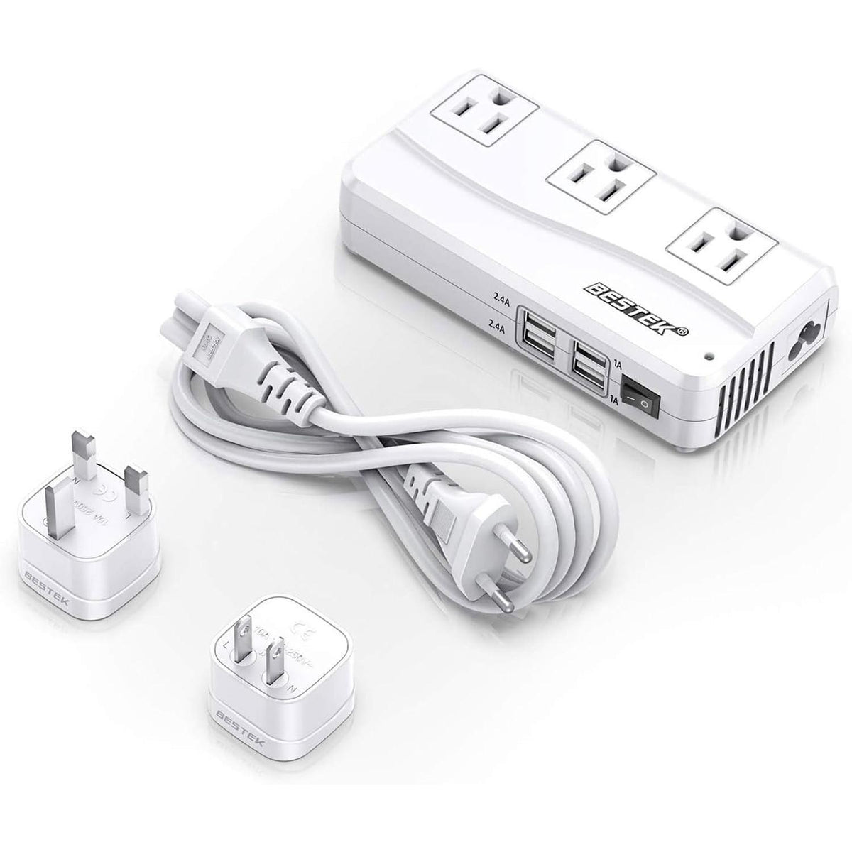 BESTEK Universal Travel Adapter 220V to 110V Voltage Converter with 0-2.4A 4 Port USB Charging and UK/AU/US/EU Worldwide Plug Adapter (White)