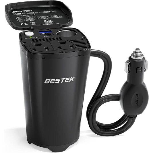 BESTEK 200W Power Inverter, 12V DC to 110V AC Car Plug Adapter Outlet Converter with [30W USB-C]/USB-Fast Charger(18W) / Dual AC Outlets/car Charger for Laptop