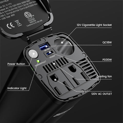 BESTEK 200W Power Inverter, 12V DC to 110V AC Car Plug Adapter Outlet Converter with [30W USB-C]/USB-Fast Charger(18W) / Dual AC Outlets/car Charger for Laptop