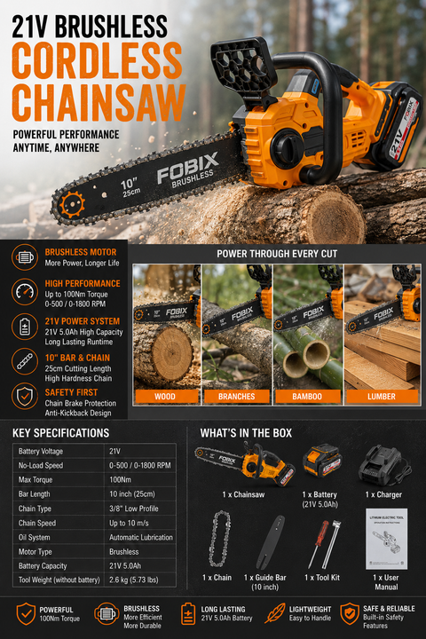 21V Brushless Cordless Electric Chainsaw, Battery Powered Saw for Tree Trimming & Firewood Cutting