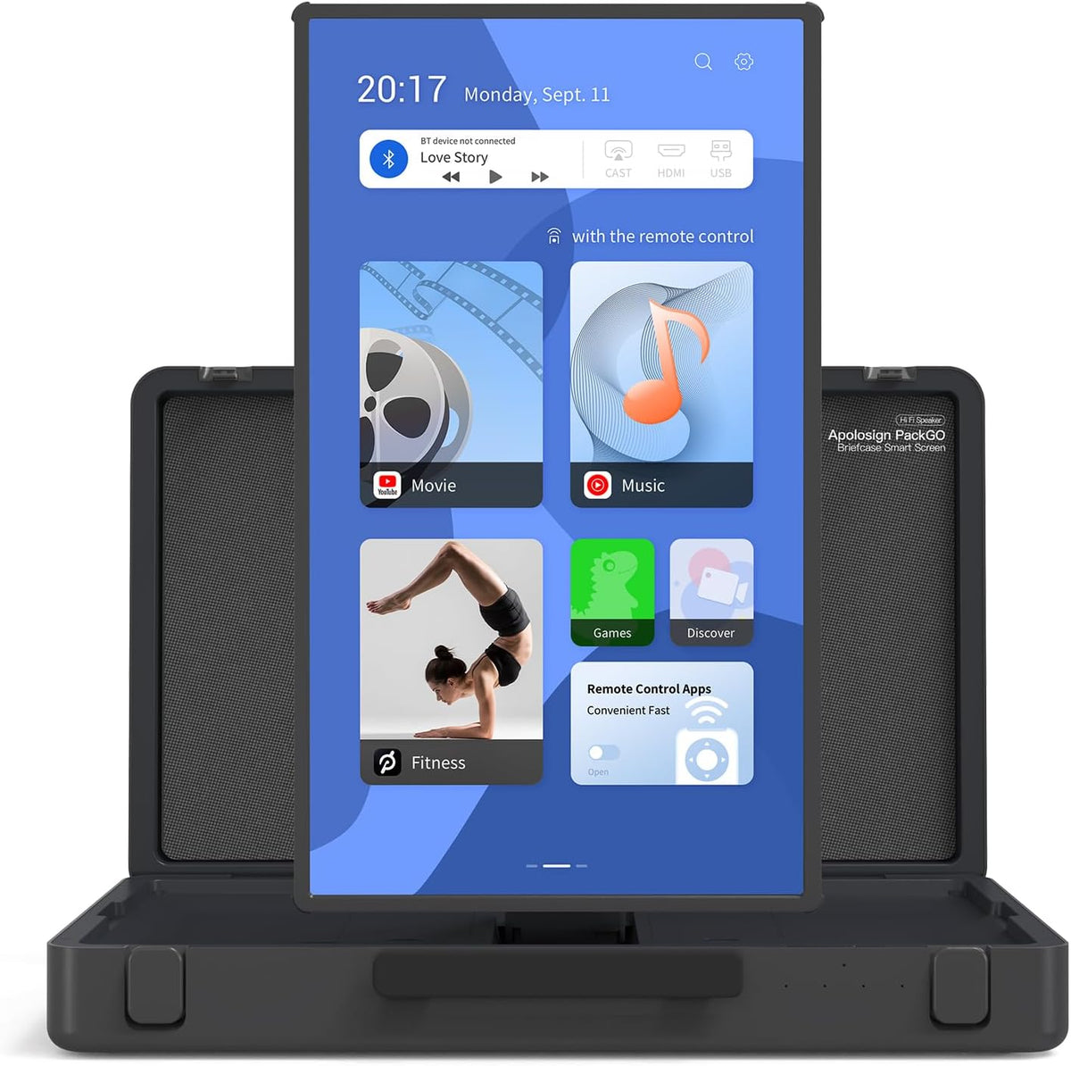 27-Inch Portable Entertainment System, Compact Suitcase Design Smart TV, Android OS, Bluetooth 3D Speakers, Built-in Battery 6H, Briefcase Screen Perfect for Travel & Parties (Gray)