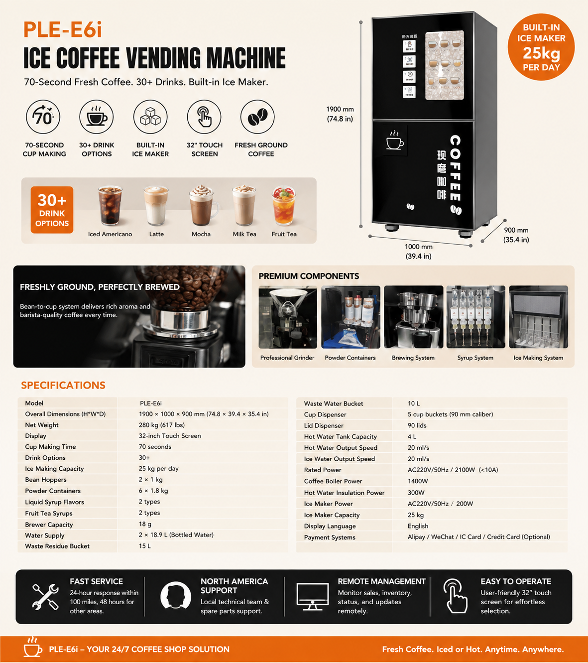 PLE-E6i Coffee Vending Machine — 70-Second Fresh Coffee with Ice, Anytime