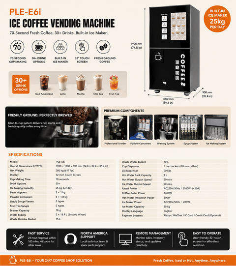 PLE-E6i Coffee Vending Machine — 70-Second Fresh Coffee with Ice, Anytime