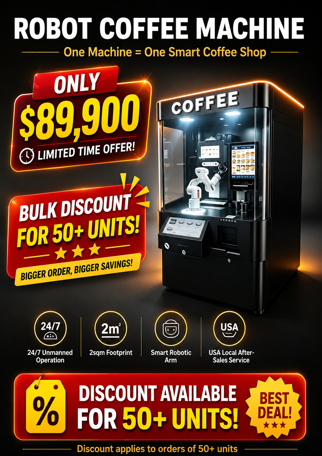 6-Axis Robot Coffee Vending Machine — 24/7 Unmanned Coffee Shop in 2㎡
