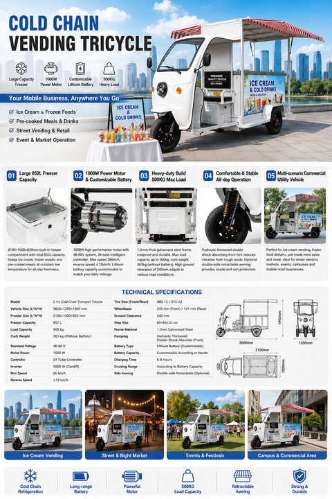 Battery Powered Refrigerated Tricycle | 852L Freezer Mobile Ice Cream Vending Cart, Street Food Cold Chain Concession Truck