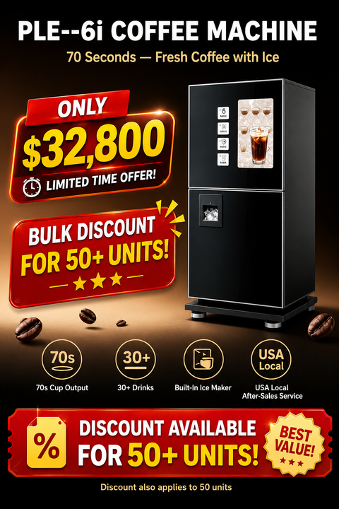 PLE-E6i Coffee Vending Machine — 70-Second Fresh Coffee with Ice, Anytime