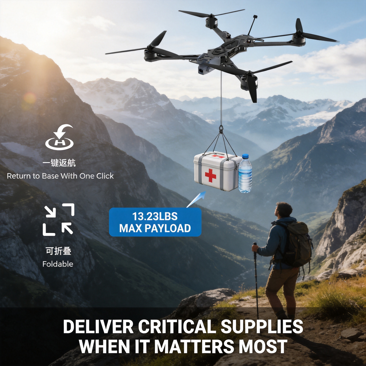 Z13D Industrial A-FPV Drone - 13.23lbs Payload, 50 Mins Flight 20KM Transmission, AI Tracking, Thermal Imaging, Foldable for Search & Rescue, Inspection, Agriculture Z13D Drone Basic Kit (S11 4K Gimbal + R12 Remote)