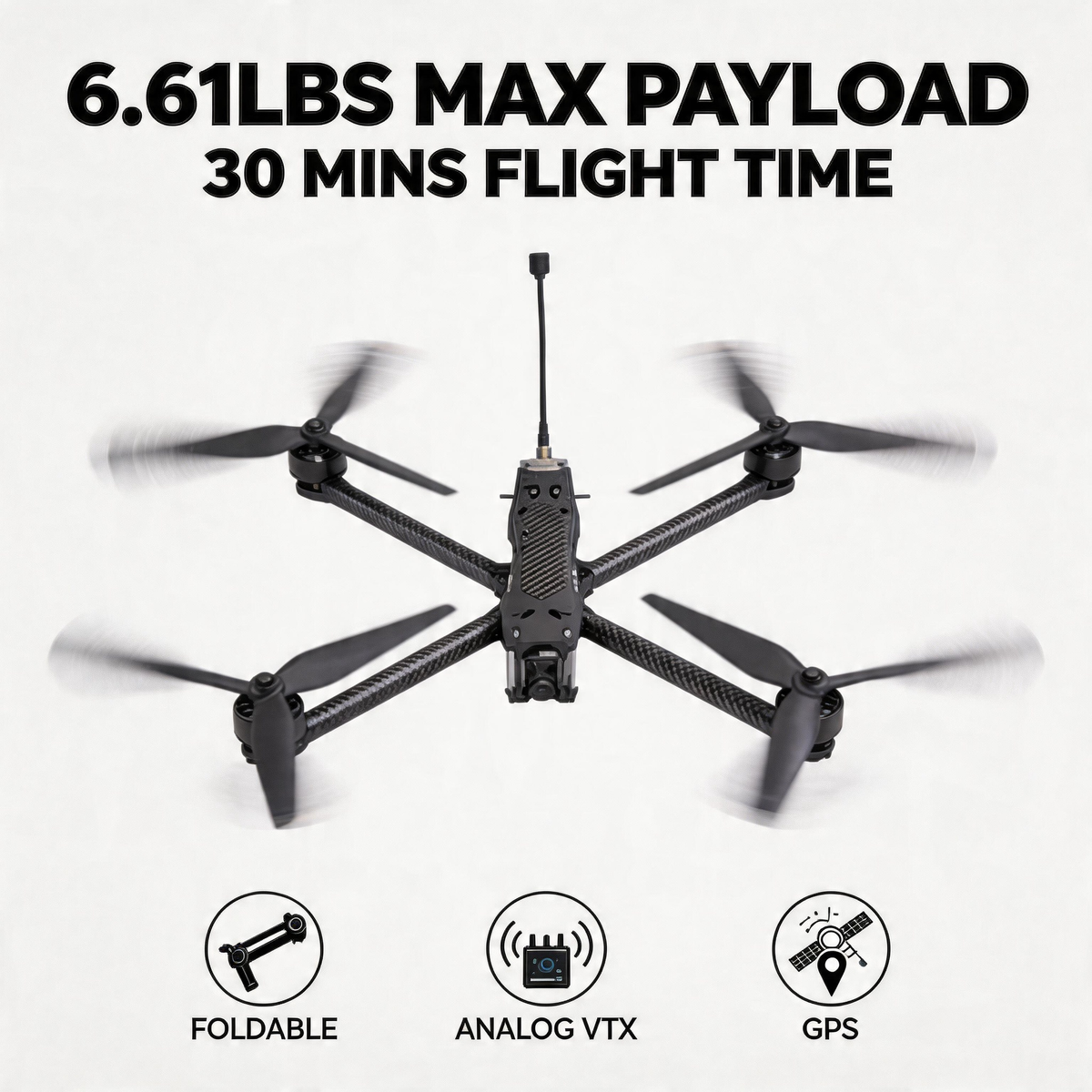 SKYWISE X10 FPV Drone - 6.61lbs Payload, 30 Mins Flight Foldable Carbon Fiber FPV Racing Drone with Analog VTX, GPS, One-Click Return for Hobbyists and Industrial Use