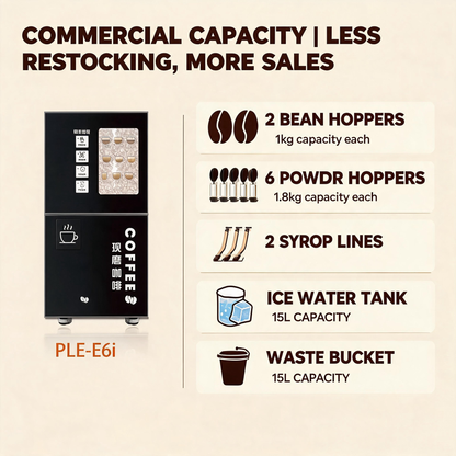 PLE-E6i Coffee Vending Machine — 70-Second Fresh Coffee with Ice, Anytime