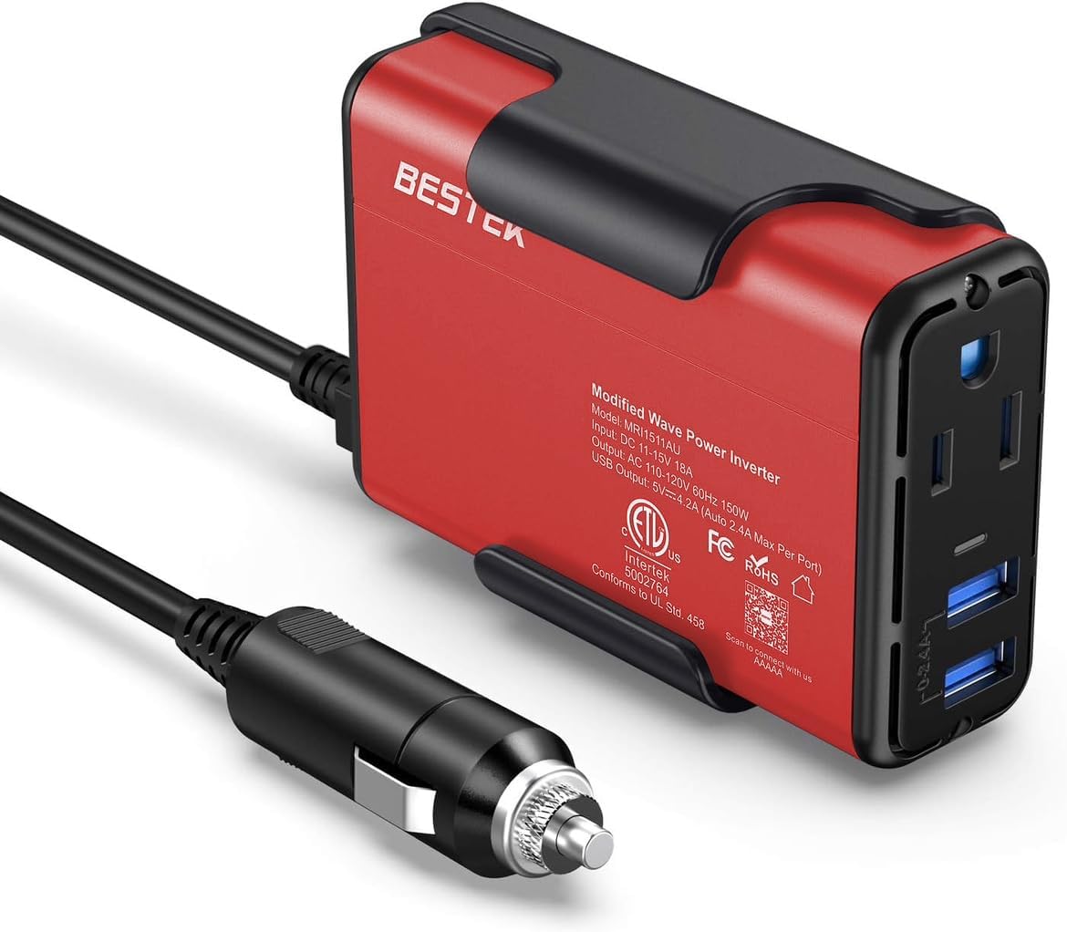 150W Car Power Inverter | 4.2A Dual USB Fast Charging DC 12V to 110V AC Converter | Silent Cooling Fan, Portable Travel Car Charger Adapter for Laptops, Phones, Cameras - Durable Cigarette Lighter Plug with Voltage Protection